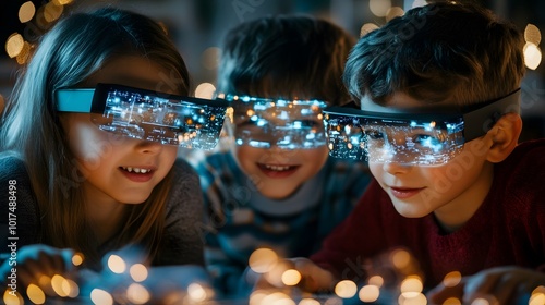 Three kids wear high-tech glasses that illuminate with sparkly lights, captivated by a magical experience.