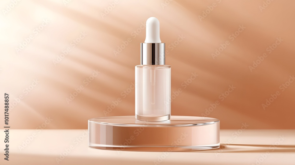 A sleek glass dropper bottle filled with a light serum, elegantly displayed on a soft, warm-toned surface. A sleek glass dropper bottle filled with a light serum, elegantly displayed on a soft, warm-toned surface.