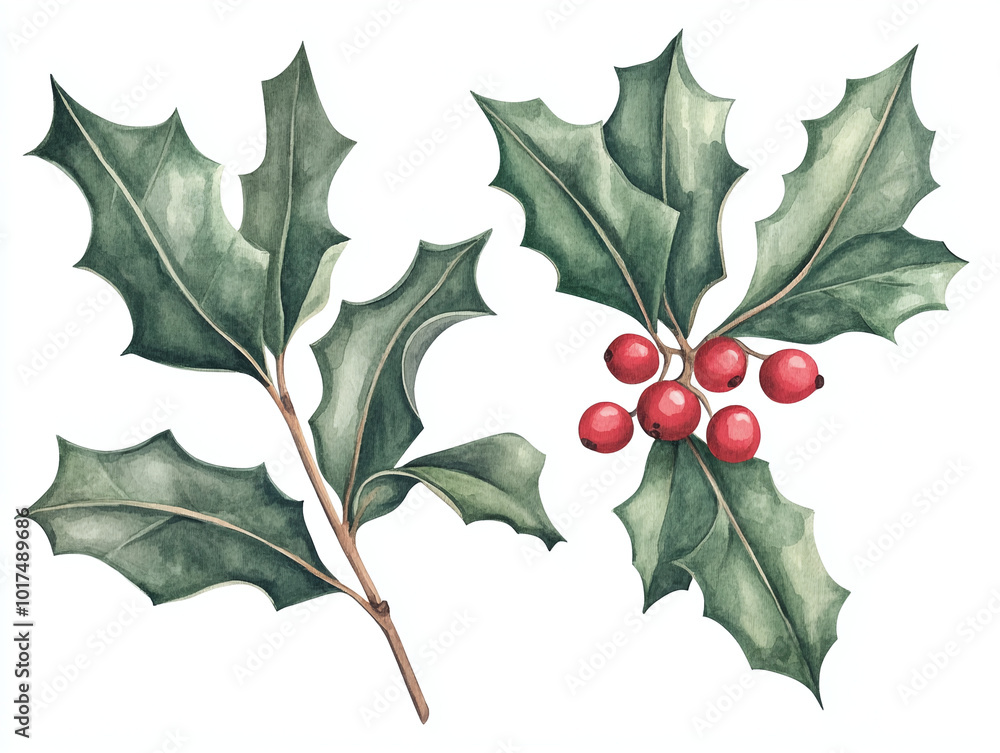 Fototapeta premium Watercolor Illustration of Holly Sprig with Red Berries