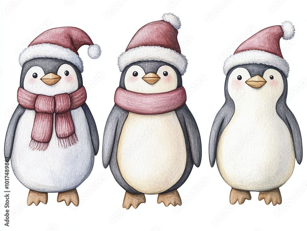 Fototapeta premium Cute Penguins in Santa Hats - Watercolor Christmas Illustration