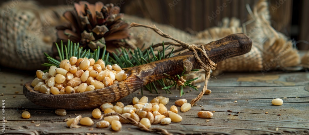 Fototapeta premium Pine Nuts Arranged On Paper With Wooden Spoon