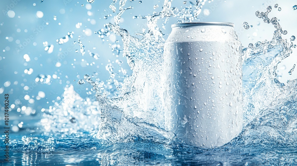 Floating White Soda Can Mockup: Captivating Product Photography with Water Splash Effect Against a Blue Background for Beverage Branding and Advertising Floating White Soda Can Mockup: Captivating Product Photography with Water Splash Effect Against a Blue Background for Beverage Branding and Advertising