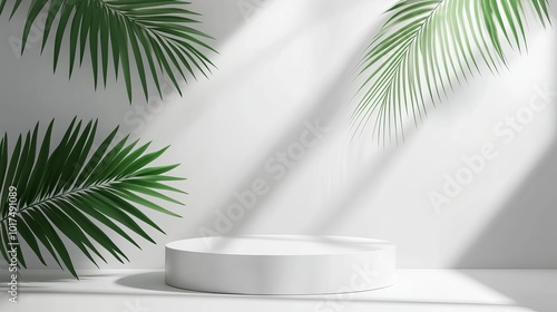 Abstract White 3D Room Featuring Realistic White Cylinder Pedestal Podium with Palm Leaf Shadow Overlay: A Minimal Scene for Product Display and Presentation in a Geometric Showcase