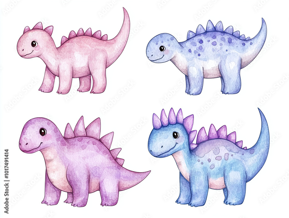 Naklejka premium Cute Watercolor Dinosaurs Illustration - Adorable Baby Dino Clipart