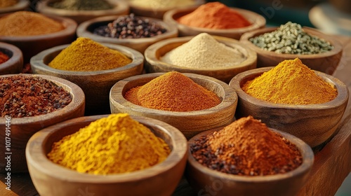 Assorted Spices in Wooden Bowls on Rustic Table