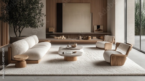 Minimalist living room with wooden furniture and white rug.