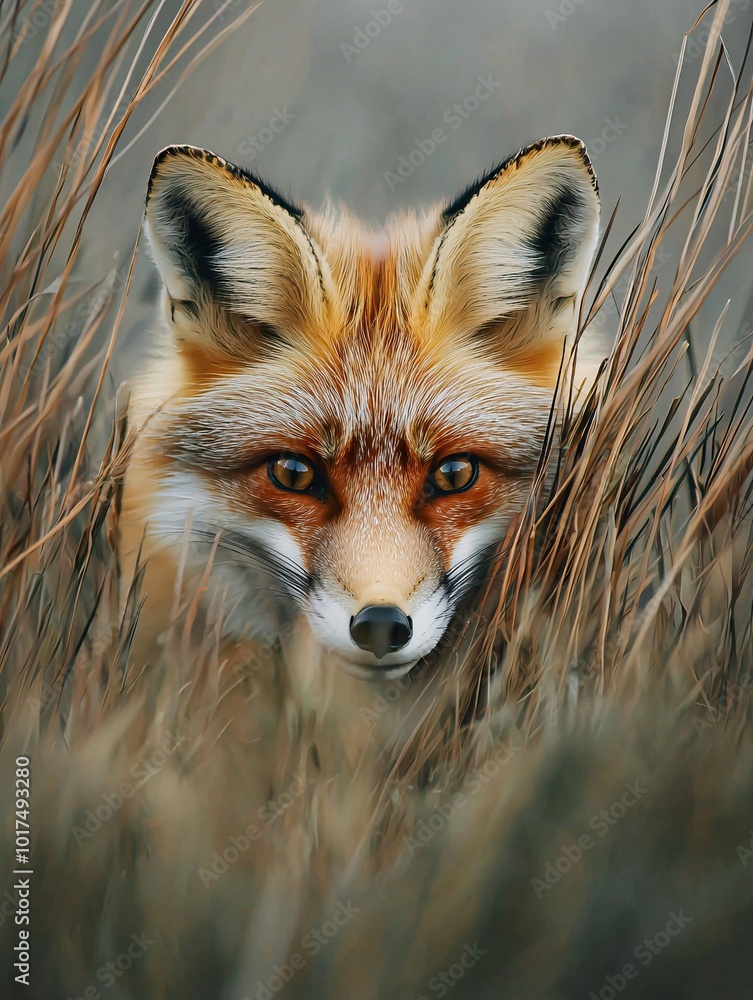 Obraz premium A sly fox observes its surroundings from a bed of tall grass, its sharp gaze and fluffy tail on display.