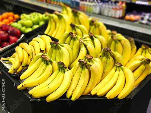 Fresh Bunches of Bananas Displayed at Grocery Store