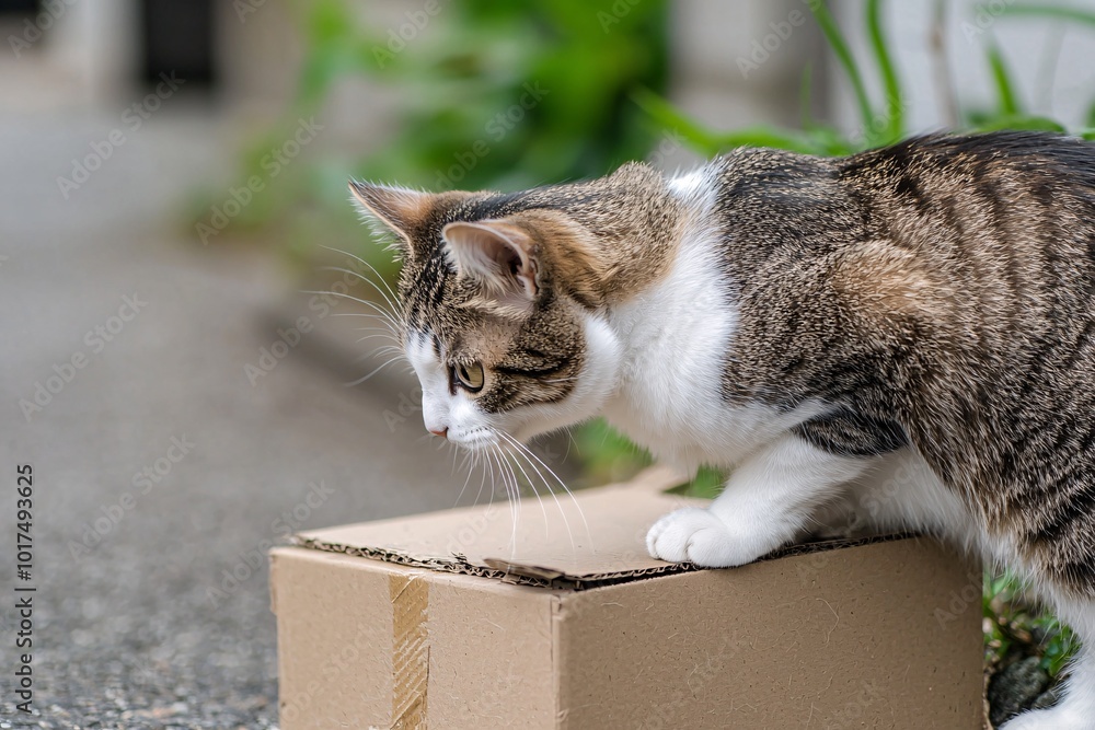 A mischievous cat delights in a cardboard box, showcasing its playful curiosity and charming antics. A mischievous cat delights in a cardboard box, showcasing its playful curiosity and charming antics.