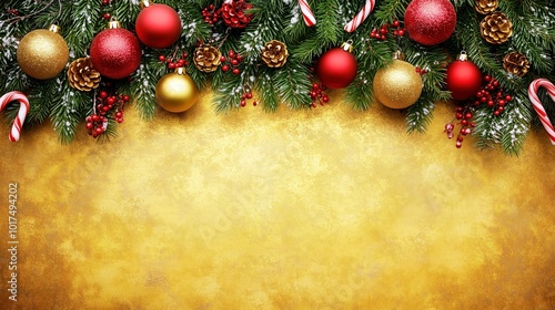 Christmas and Vintage New Year-themed Old School golden background with red and gold ornaments space text