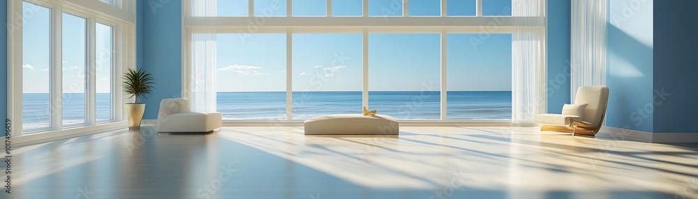 Fototapeta premium Ocean view living room with large windows.