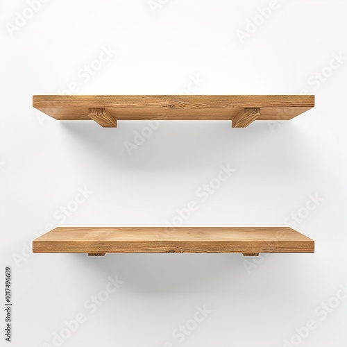 Fototapeta Naklejka Na Ścianę i Meble -  Minimalist floating wooden shelves on a clean white wall. isolated on white background 