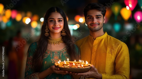 Portrait of a young Indian woman in a forest green anarkali and a young Indian man in a mustard yellow kurta, both together holding a single big thali with diyas, outdoor Diwali backdrop with colorful photo