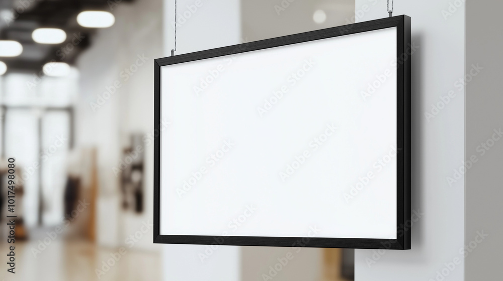 Fototapeta premium Minimalist signboard with a blank white surface, hanging in a retail space for promotions or announcements.