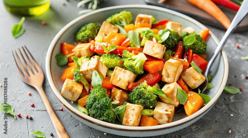 A colorful vegan stir fry with tofu bell peppers A colorful vegan stir fry with tofu bell peppers