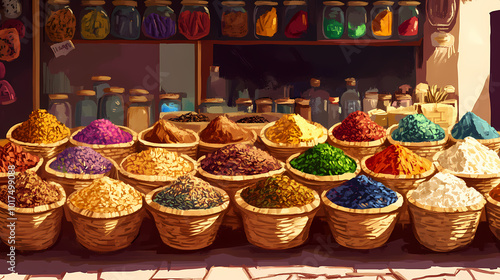 Traditional moroccan market stall selling colorful spices and herbs in baskets. Moroccan Souk. Illustration