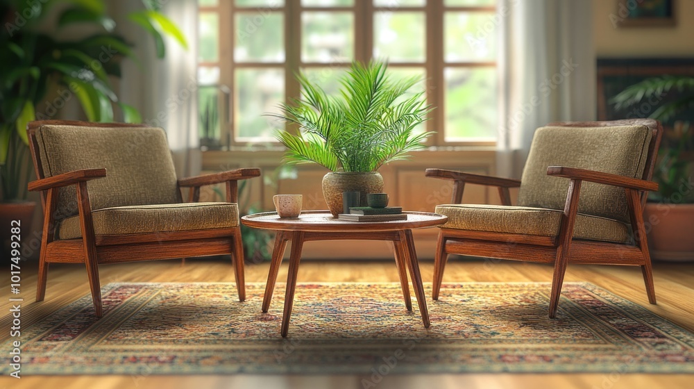 A cozy living room setting with two chairs, a table, and a potted plant. A cozy living room setting with two chairs, a table, and a potted plant.