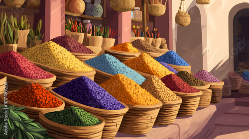 Traditional moroccan market stall selling colorful spices and herbs in baskets. Moroccan Souk. Illustration