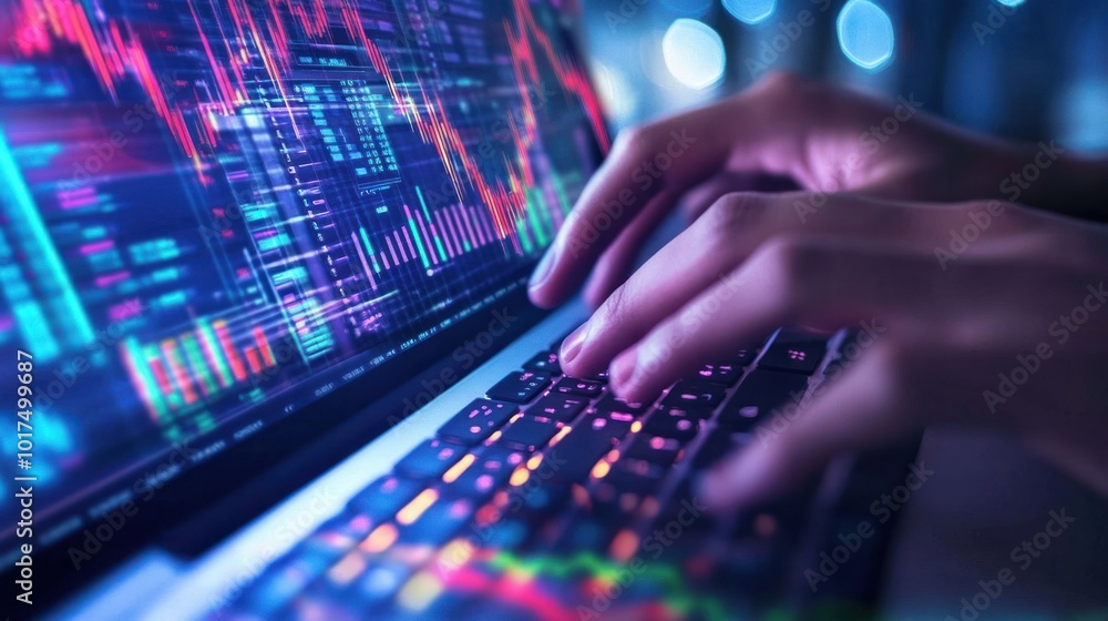 Hands typing on a laptop displaying financial data and graphs. Hands typing on a laptop displaying financial data and graphs.