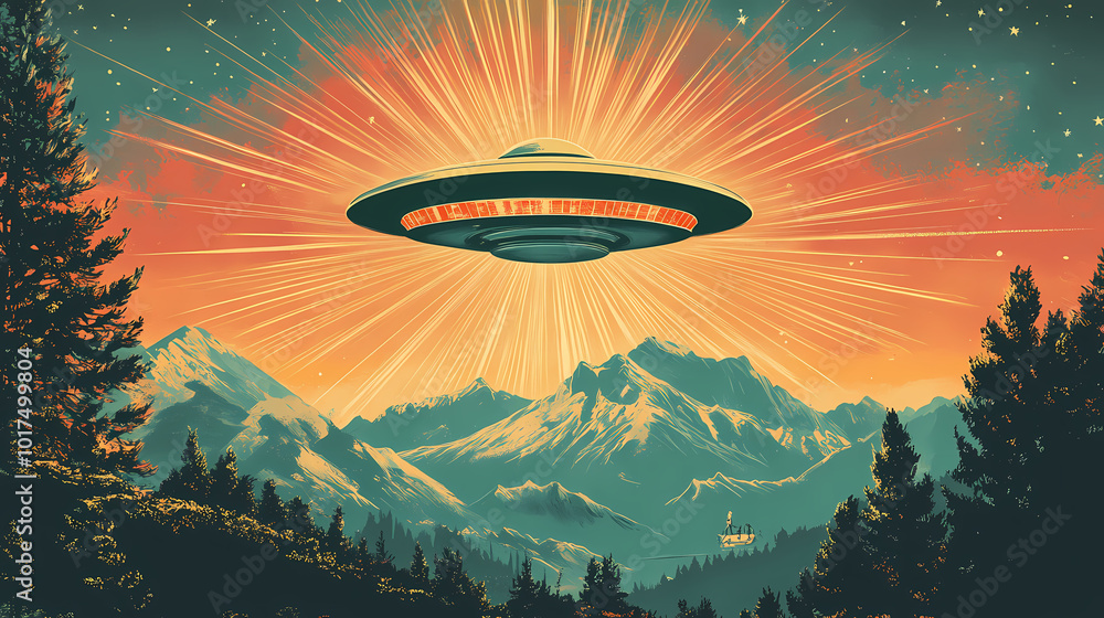 Step back in time with a captivating retro portrayal of a legendary ufo encounter, evoking the essence of a classic film promo!. Vintage Poster. Illustration