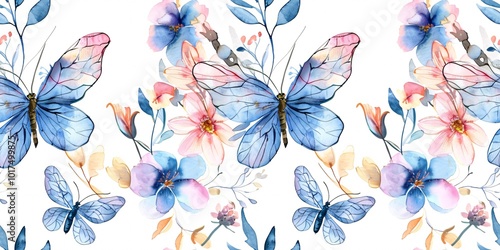 Continuous floral design featuring watercolor pink and blue wildflowers, leaves, dragonflies, and butterflies, ideal for wrapping paper or backdrop textures.