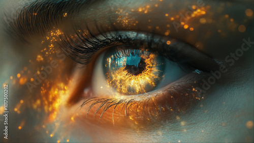 Magical golden glowing pupil eye closeup with sparkling cosmic energy, surreal fantasy vision concept