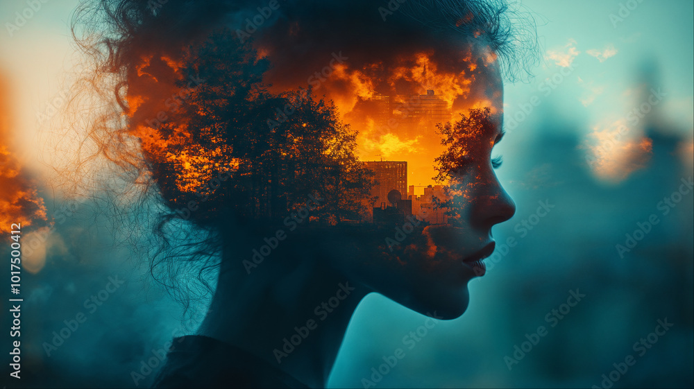 Mental health or spiritual struggle concept, Surreal double exposure portrait of woman's silhouette with burning cloud flames and dreamlike atmosphere Mental health or spiritual struggle concept, Surreal double exposure portrait of woman's silhouette with burning cloud flames and dreamlike atmosphere
