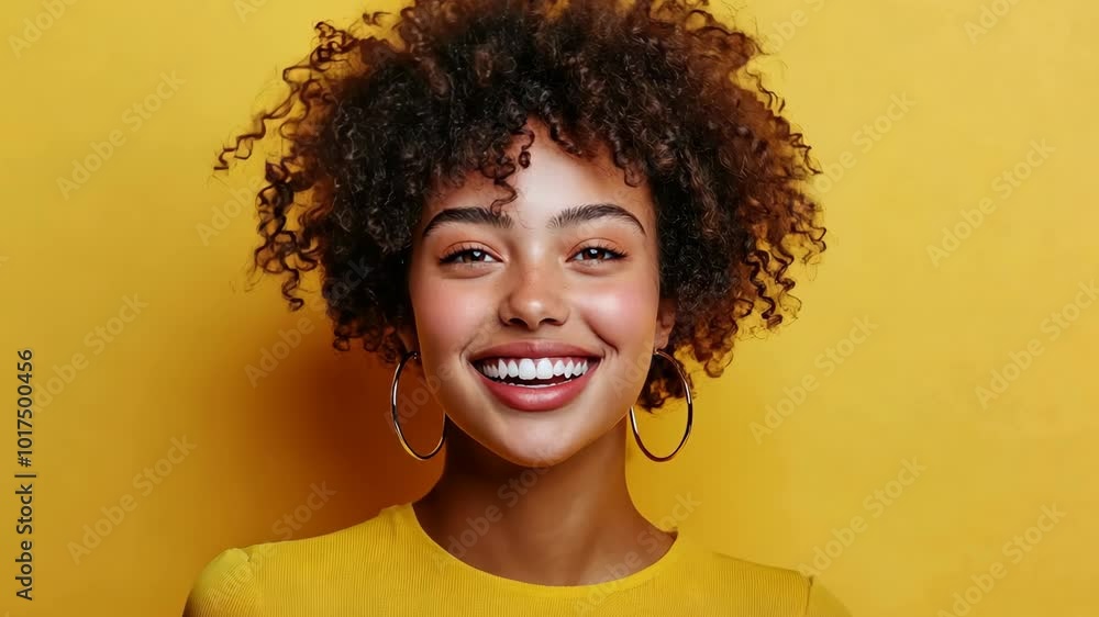 A young woman with curly hair smiles brightly against a yellow background A young woman with curly hair smiles brightly against a yellow background