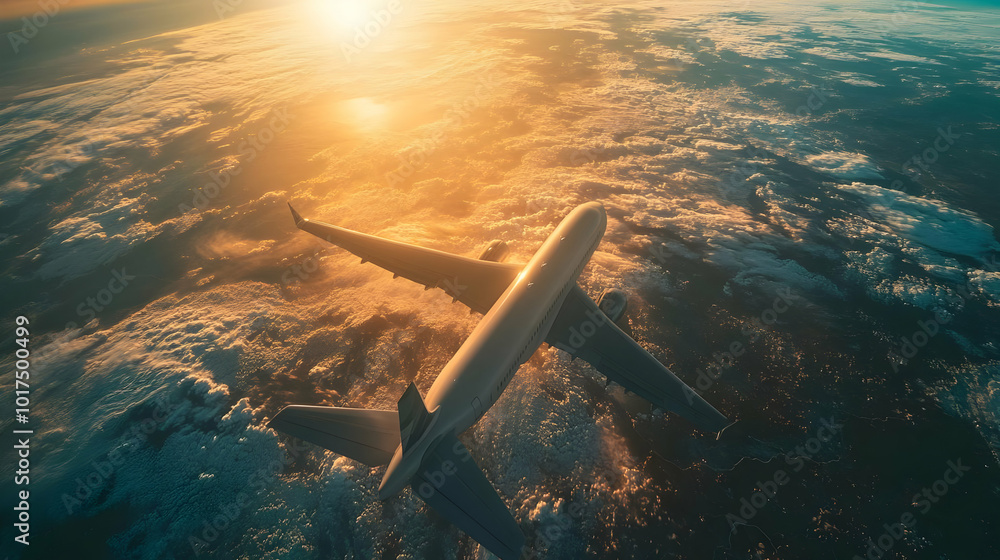 Fototapeta premium Airplane Flying Above the Clouds at Sunset.
