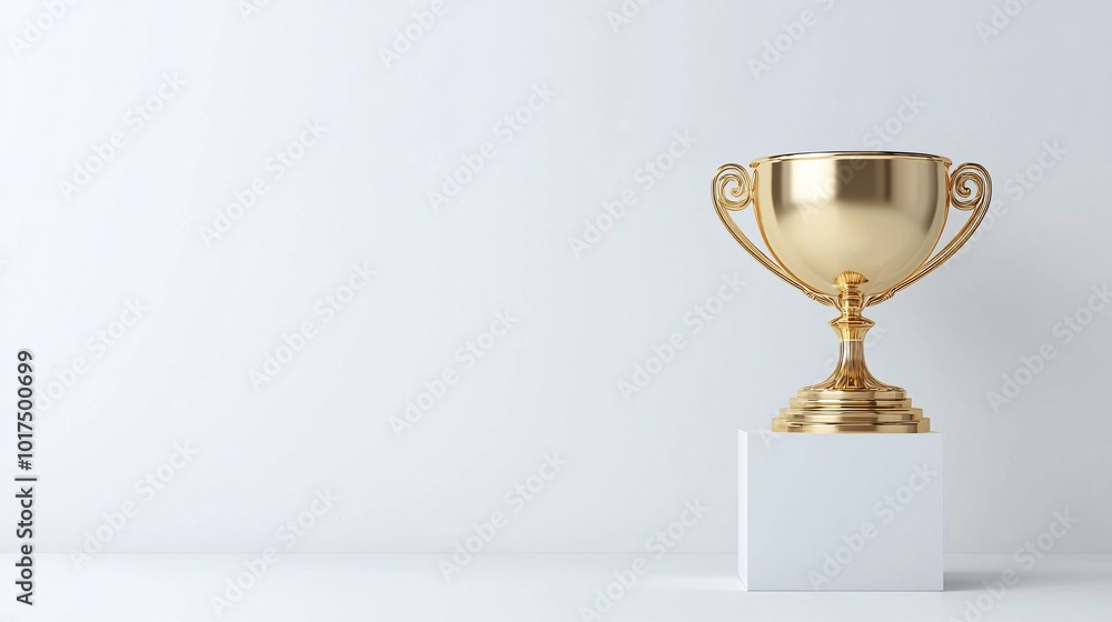 A stylish golden trophy mockup on a pedestal, set against a white backdrop, ideal for showcasing awards or recognition designs. A stylish golden trophy mockup on a pedestal, set against a white backdrop, ideal for showcasing awards or recognition designs.