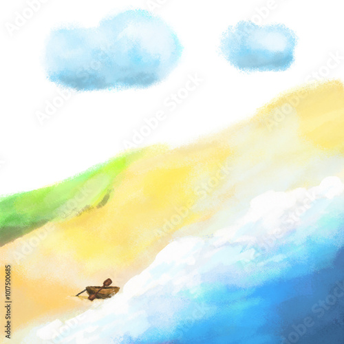 Beach with a small boat illustration, sea and cloud nature watercolor painting