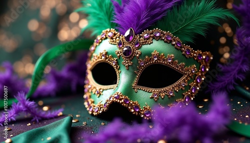 Lavish green masquerade mask adorned with feathers, gems, and intricate details photo