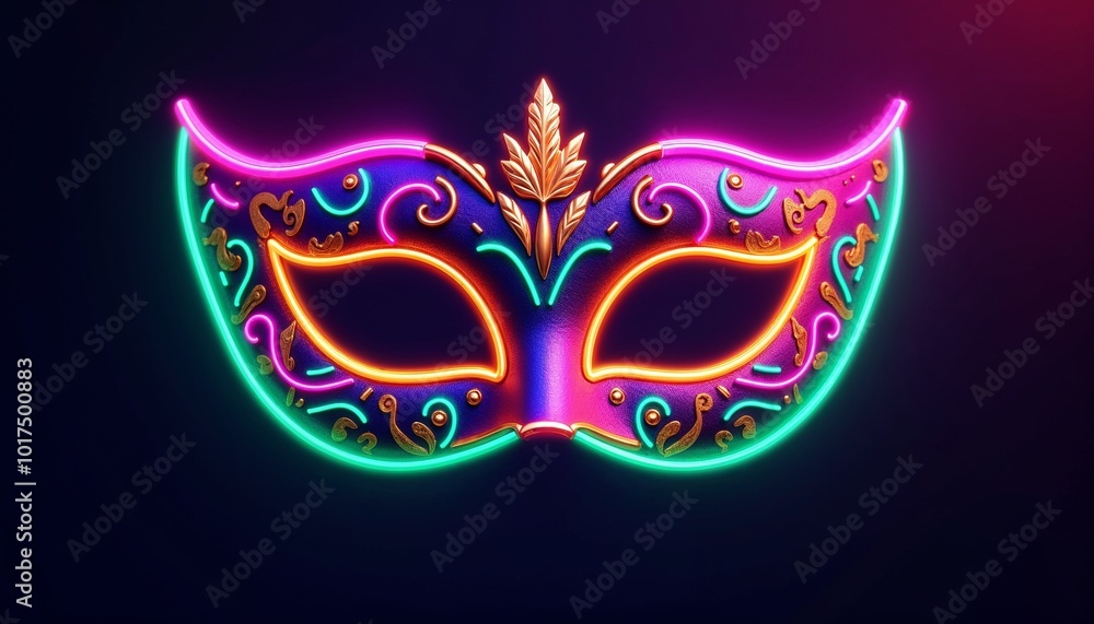 Vibrant neon masquerade mask with intricate designs and glowing accents Vibrant neon masquerade mask with intricate designs and glowing accents