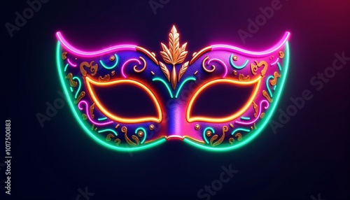 Vibrant neon masquerade mask with intricate designs and glowing accents