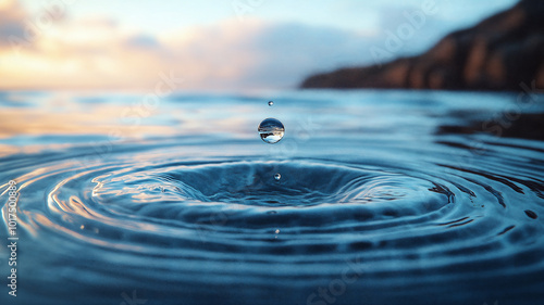 A drop in the ocean, Serene macro shot of water droplet creating perfect ripples, tranquil blue minimal splash
