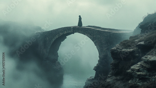 Mystical stone arch bridge shrouded in ethereal mist, solitary figure alone in bleak foggy landscape