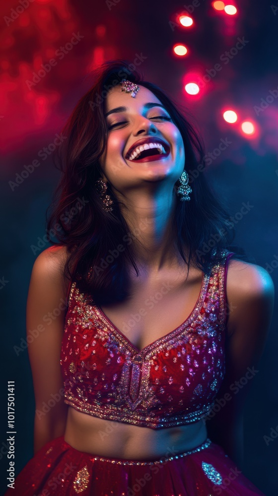 Portrait of Indian woman in royal red lehenga with silver accents, laughing joyfully, with a royal blue to soft red gradient glowing backdrop, Indian traditional Diwali festival, Diwali photoshoot 
