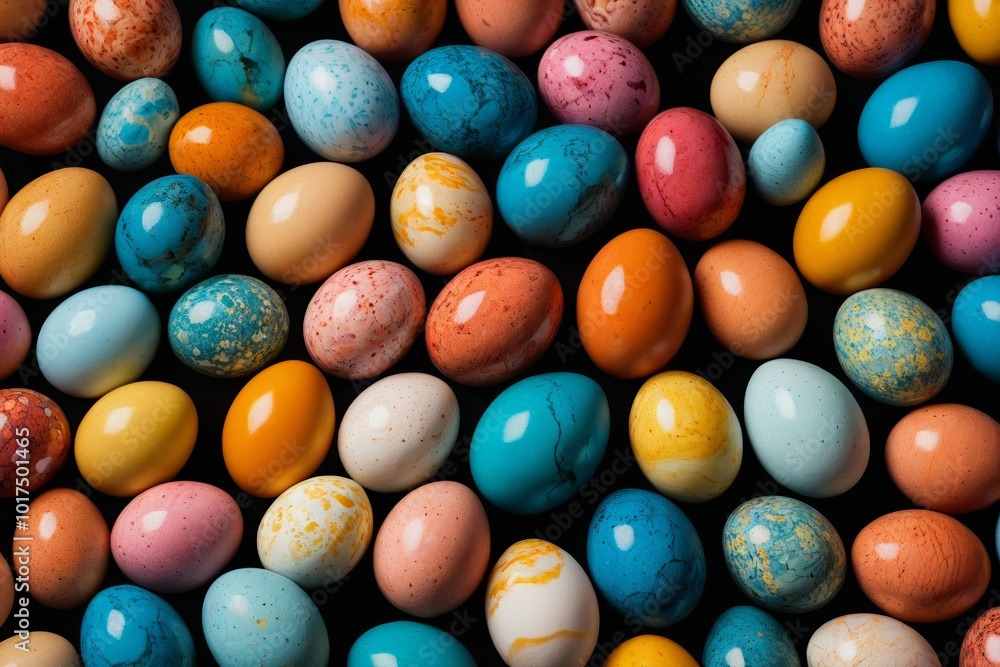 a close up of a pile of colorful eggs with speckled eggs
