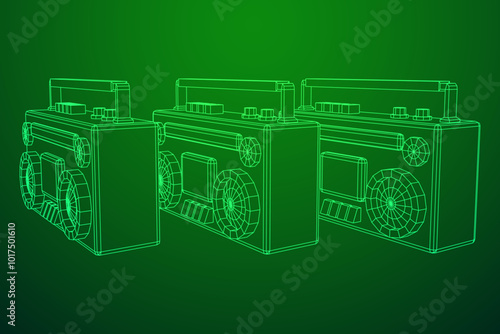 Retro Boombox outdated portable cassette tape recorder. Wireframe low poly mesh vector illustration.