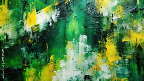 Abstract oil painting on canvas featuring green, black, white, and yellow paint strokes with a grungy background