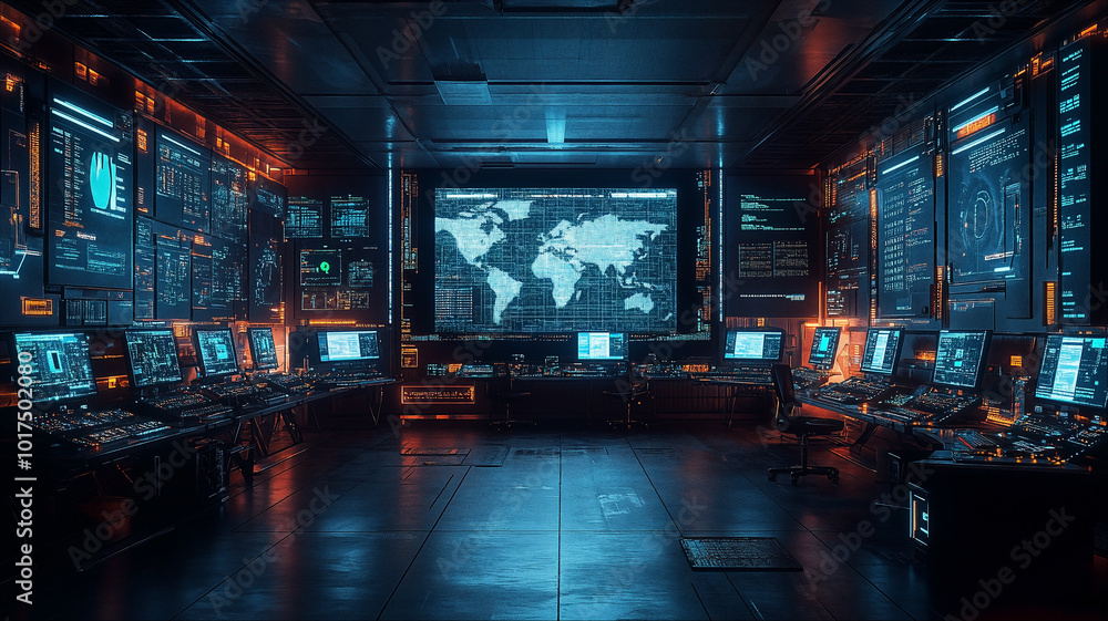 Futuristic global cybersecurity operations center with world map and multiple screens, high-tech digital surveillance command room Futuristic global cybersecurity operations center with world map and multiple screens, high-tech digital surveillance command room