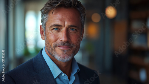 Charismatic businessman entrepreneur with silver hair and beard smiling confidently in professional office setting