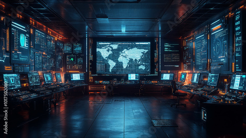 Futuristic global cybersecurity operations center with world map and multiple screens, high-tech digital surveillance command room