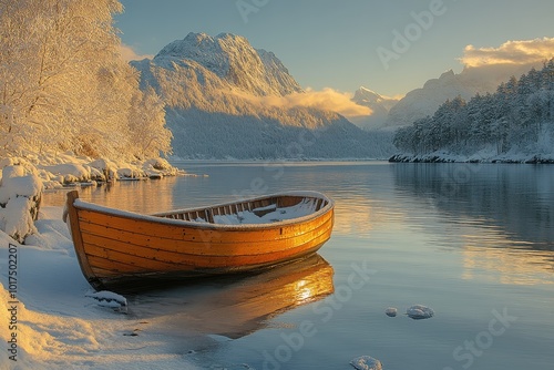 Old wooden boat on a Norwegian shore captured during a tranquil and moody sunset photo