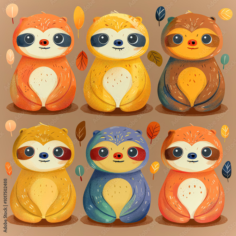 Four different colored sloths are painted on a square canvas. Four different colored sloths are painted on a square canvas.
