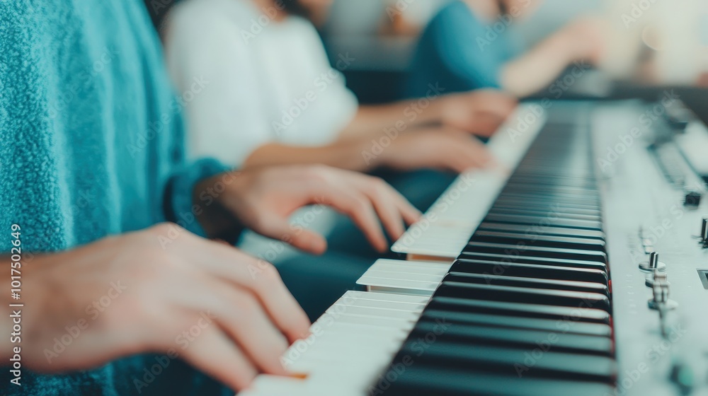 Obraz premium Close Up of Hands Playing Piano Keys in Recording Studio