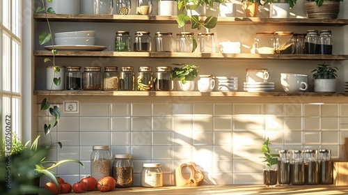 Wallpaper Mural Sunlit kitchen corner, glass brick wall softly glowing, wooden shelves with metal decor, contemporary minimalist style, peaceful and warm ambiance. Torontodigital.ca