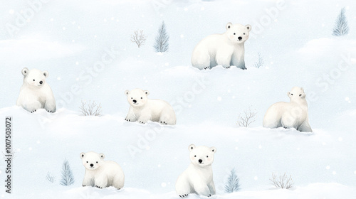 Playful polar bears are depicted in serene snowy landscape, showcasing their joyful nature amidst winter wonderland. soft colors and gentle snowflakes create whimsical atmosphere