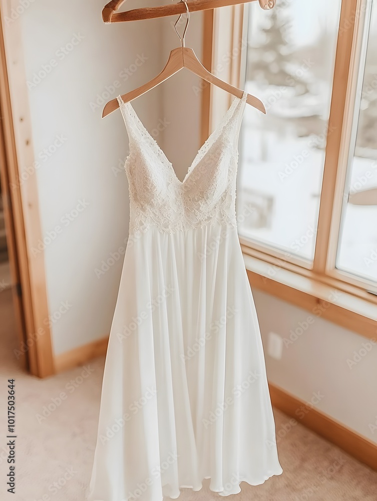 A delicate white dress hangs gracefully by a window, illuminated by natural light, showcasing its elegant design and intricate details. A delicate white dress hangs gracefully by a window, illuminated by natural light, showcasing its elegant design and intricate details.