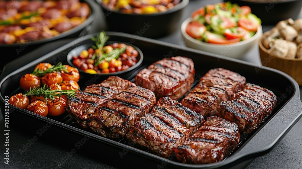 Grilled Steak Cherry Tomatoes and Rosemary on Sizzling Skillet Grilled Steak Cherry Tomatoes and Rosemary on Sizzling Skillet